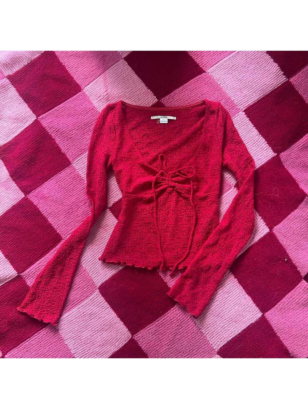 long sleeve red sheer lace top